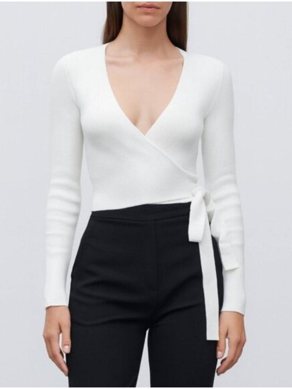 Missguided White Ribbed Wrap V neck Top Long Sleeve Size Small